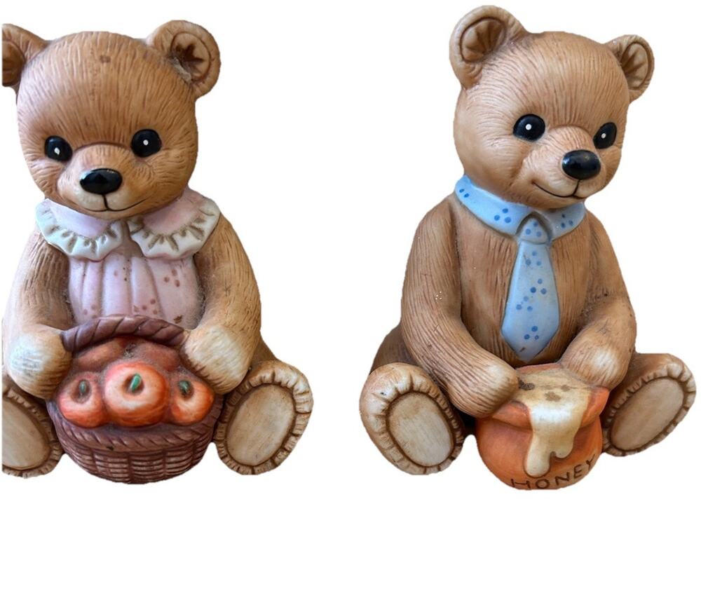 VTG 2 Ceramic Bear Figurines Honey Pot Apples HOMCO #1405 Set 2 Boy & Girl 80s